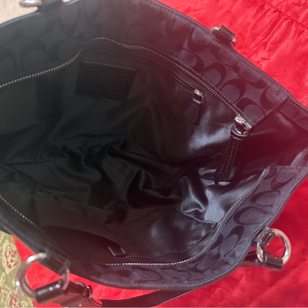 Authentic Coach tote with black iconic logos and black leather trim. - Picture 3 of 13